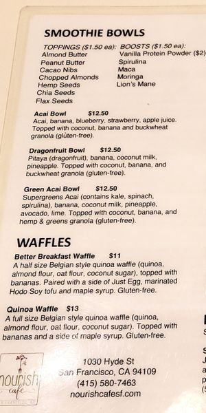 Smoothie bowls, waffles at Nourish Cafe in San Francisco