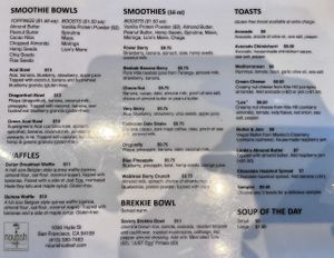 Menu: Smoothies and breakfast items at Nourish Cafe in San Francisco