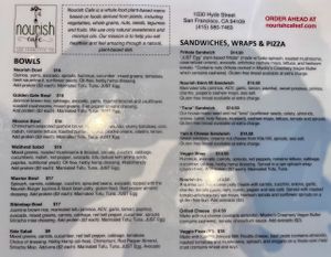 Menu: bowls, sandwiches, wraps & pizza at Nourish Cafe in San Francisco