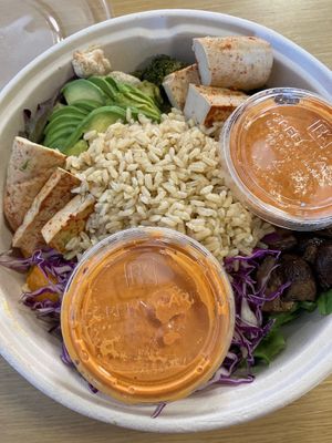 Golden Gate Bowl with extra dressing and tofu, my fave by far at Nourish Cafe in San Francisco