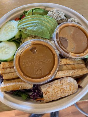 Bibimbap bowl with extra dressing and tofu; dressing was a bit salty (I took the second one home) at Nourish Cafe in San Francisco