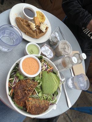 The Warrior bowl, waffle, protein balls & smoothie  at Nourish Cafe in San Francisco