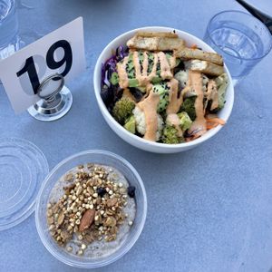 Chia pudding + Savory Brekkie Bowl w/ tofu  at Nourish Cafe in San Francisco