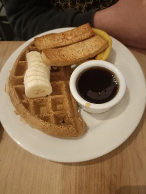 Waffle with tofu and egg at Nourish Cafe in San Francisco
