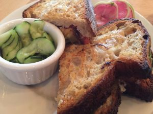 Miyoko's grilled veganmozz cheese sandwich.  at Nourish Cafe in San Francisco