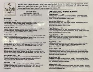 Menu  at Nourish Cafe in San Francisco