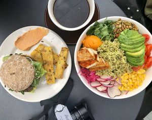 Nourish burger and a healthy bowl of deliciousness. at Nourish Cafe in San Francisco