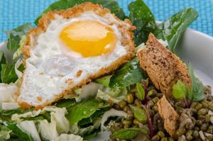 KURMA SALAD. Local greens tossed in our house salad dressing, with a side of monggo beans, crouton sticks, alugbati tops, and topped with a crunchy sunny side up egg at Kurma in Camiguin