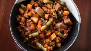 LOCAL RATATOUILLE. Local island vegetables cooked in our homemade tomato sauce. Served with a choice of rice/homemade ciabatta bread. Our VEGAN choice. at Kurma in Camiguin