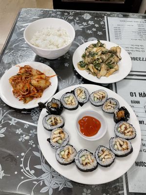 Kimbap, kimchi, mushrooms and lemongrass. 90,000.  at Dieu Lac in Hue
