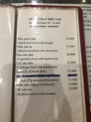 Menu 4 at Dieu Lac in Hue