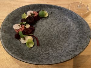 First course with red beet at Morris and Bella in Amsterdam