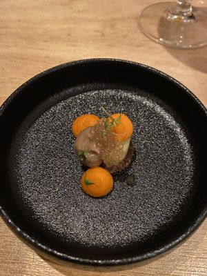 Amuse with Frisian bread and carrot mousse  at Morris and Bella in Amsterdam