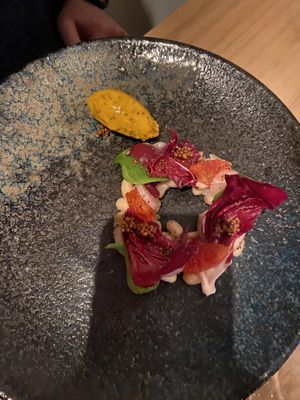 Starter with lemon beans and mustard ice-cream  at Morris and Bella in Amsterdam