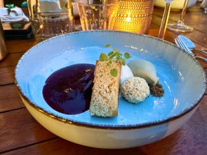 Excellent dessert - cherries, chocolate, cream and foraged woodruff ice cream at Morris and Bella in Amsterdam