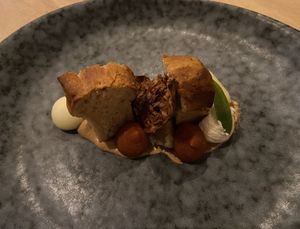 Pre-dessert with cute brioche and almond mousse and apple  at Morris and Bella in Amsterdam