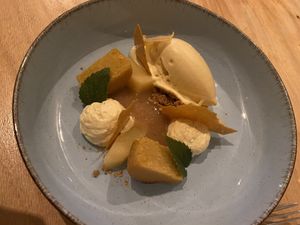 Dessert with corn ice-cream and quince:  nice, but a bit too sour  at Morris and Bella in Amsterdam