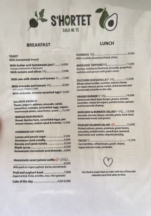 Menu  at S'Hortet in Mallorca