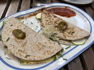 Zuchinni tortilla with spinach and vegan cheese  at S'Hortet in Mallorca
