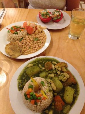 two plates off the nine soles lunch menu, with one appetizer (soup came with the other plate and was a huge portion, almost enough for two people) at Abdiel Vegan in Lima