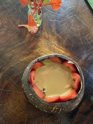 Maca vanilla smoothie bowl with peanut butter on top   at Raw Love - Downtown Tulum in Tulum