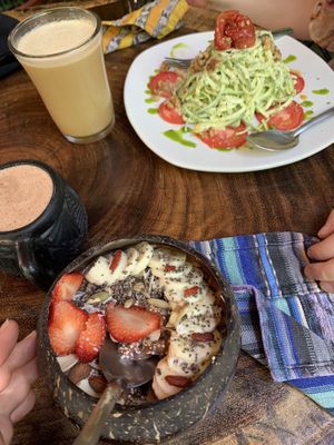 Zuchini Alfredo, Choclate Bowl, Power Cold Brew and Shroom Coffee  at Raw Love - Downtown Tulum in Tulum
