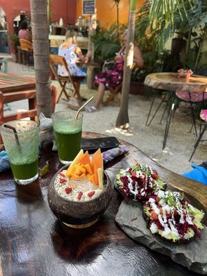 Tropical kiss Smithfield bowl, avo toast and two re-vital drinks   at Raw Love - Downtown Tulum in Tulum