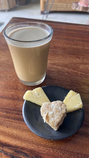 Ice latte with mushrooms, coconut ‘macaron'  at Raw Love - Downtown Tulum in Tulum