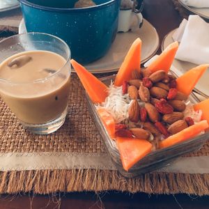 Chia bowl & iced almond coffee at Raw Love - Downtown Tulum in Tulum
