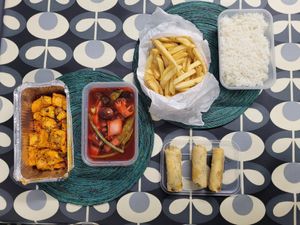 Salt & Pepper Tofu, Sweet + Sour Vegetables, Chips, Boiled Rice and Vegetable Spring Rolls at Fu's in Caernarfon