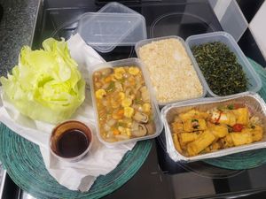 Vegetable Lettuce Wrap, Fried Rice, Crispy Seaweed and Salt and Pepper Tofu at Fu's in Caernarfon