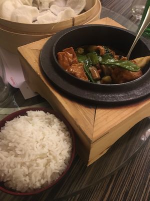 Tofu casserole with boiled rice  at Fu's in Caernarfon