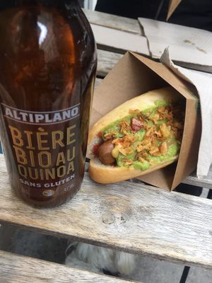 Vegan beer and smoked hot dog with guacamole  at Hot Vog in Paris