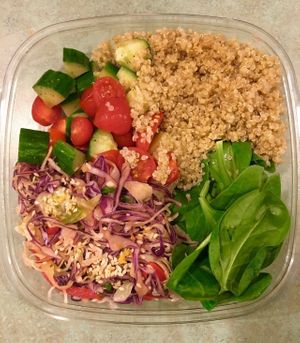 "Vegan Plate" consisting of zesty asian coleslaw, spinach, quinoa & a cucumber and tomato salad!  at Cilantro Specialty Foods & Coffee Roasters in Guilford