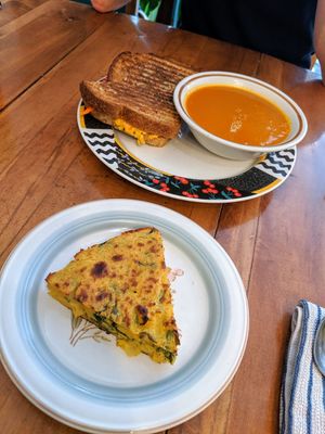 Frittata and pate sandwich and butternut squash soup at Les Gourmandises Louca  in Quebec