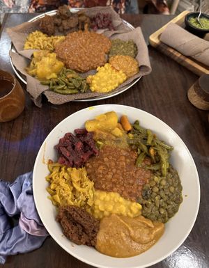 Rice bowl and injera plate   at Beza Ethiopian Food in South East London