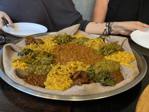 Misir wot, difin misir wot, kik wot, Tikal gomen, string beans and carrot, mushroom, scrambled chickpeas, carrot stew.   at Beza Ethiopian Food in South East London