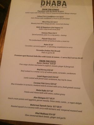 Vegan menu options (V) at Dhaba in Kyneton