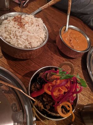 Aloo (eggplant), rice. at Dhaba in Kyneton