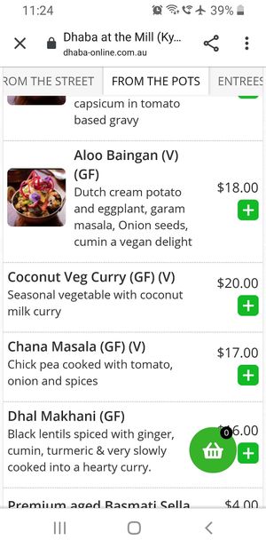 (V) means vegan at Dhaba in Kyneton