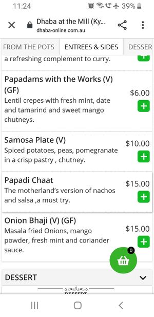 (V) means vegan at Dhaba in Kyneton