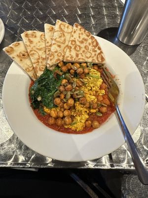 Shakshuka subbing tofu scramble for eggs and minus feta cheese  at Cafe Berlin in Columbia