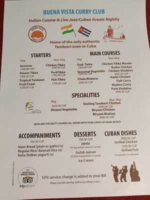 La carta en febrero 24 1€ = 300 cup at Buena Vista Curry Club in Havana