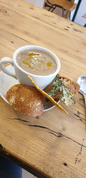 Capel mushroom and roasted hazelnut soup with freshly baked bread at Cradle in Sudbury