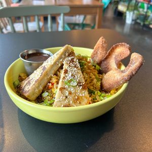 Sweet Sesame Tofu with Fried Rice and Crispy Wonton Chips at Springhouse in Halifax