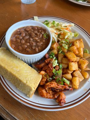 BBQ plate with beans, slaw, seasoned potatoes, spicy vegan chicken and corn bread (gluten free!) at Springhouse in Halifax