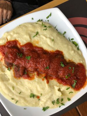 Mashed potato with lentil sausage.  at Healthy Bites in Athens