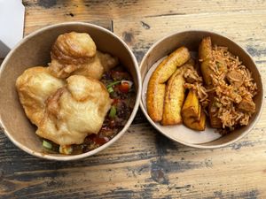 @gwafuvegan puff puff and beans, plantain and spicy jollof rice  at GRUB in Manchester