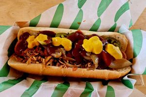 Vegan hot dog with jalapeños from Oscars dogs at GRUB in Manchester