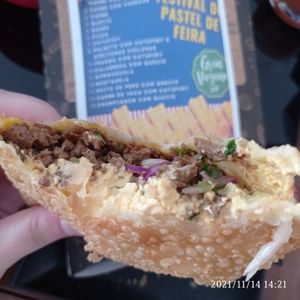 Pastel de carne com cheddar at Gran Vegano in Sao Paulo